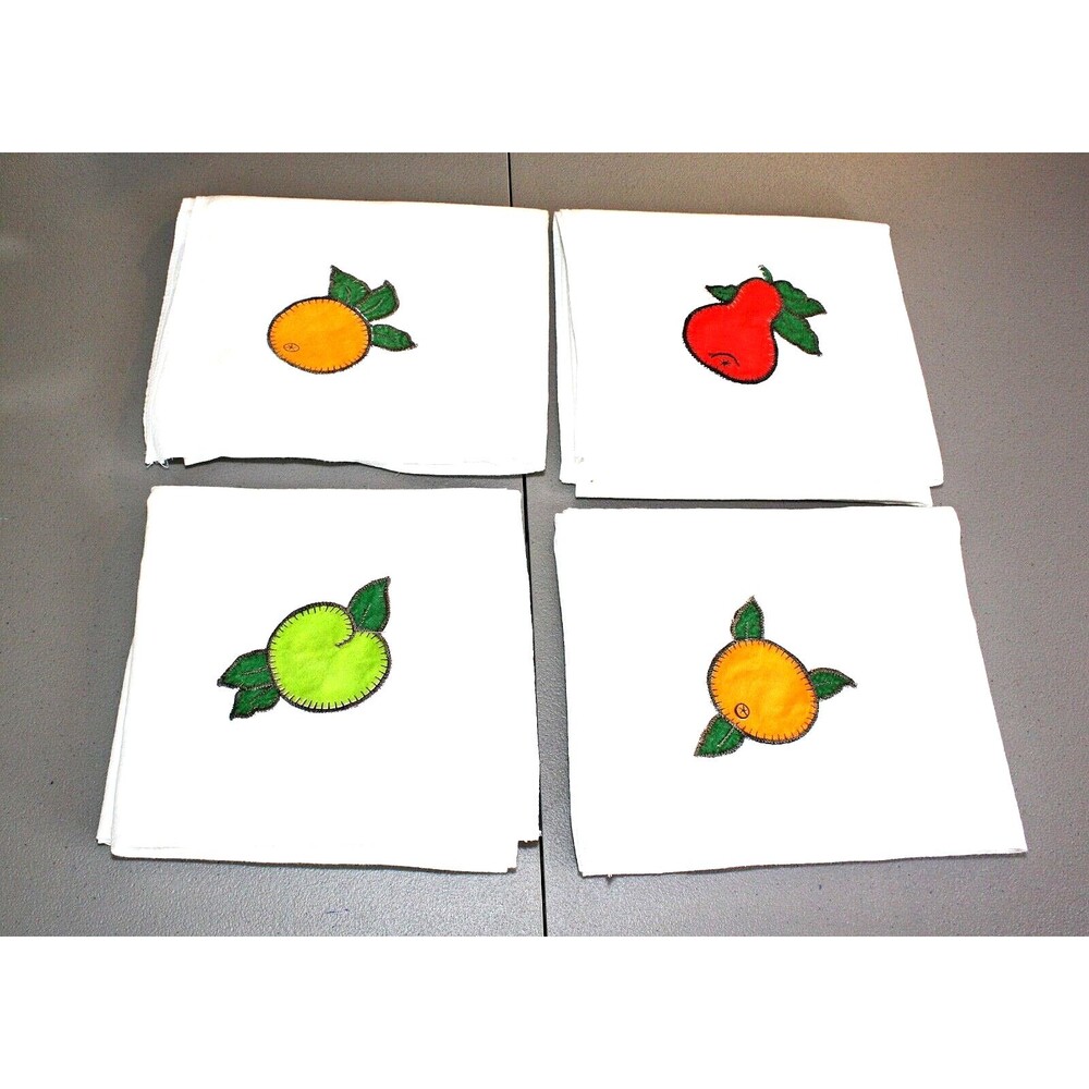 4 VTG White Cotton Table Toppers Fruits Applique 38 Sq. ESTATE Rustic Linens *